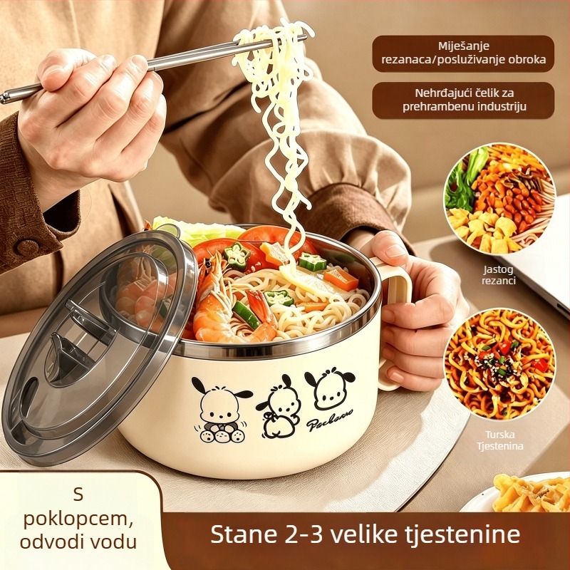 Nehrđajući čelična zdjela s poklopcem za instantnu nudlu, s mogućnošću ocjeđivanja, idealna za dom i kantinu
