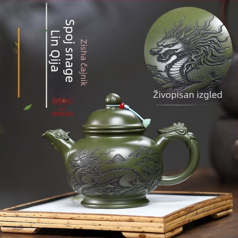 Veleprodajni Yixing čajnik od ljubičaste pijesak glinene, ručno izrađen od starog majstora, od originalne mineralne zelene glinine, potpuno graviran s motivom qilina, vrhunski set za čaj