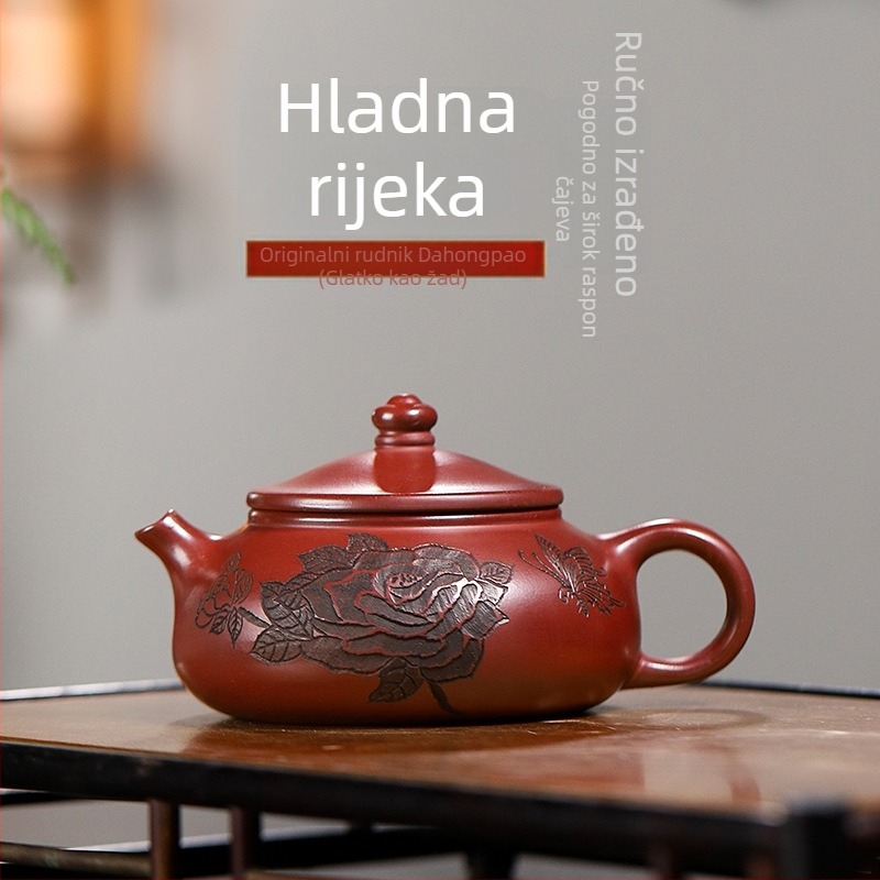 Poznati umjetnikov čajnik od purpurne glinene iz Yixinga, Hanjiang graviran s pijeskom krvi zmaja, darovni čajni set
