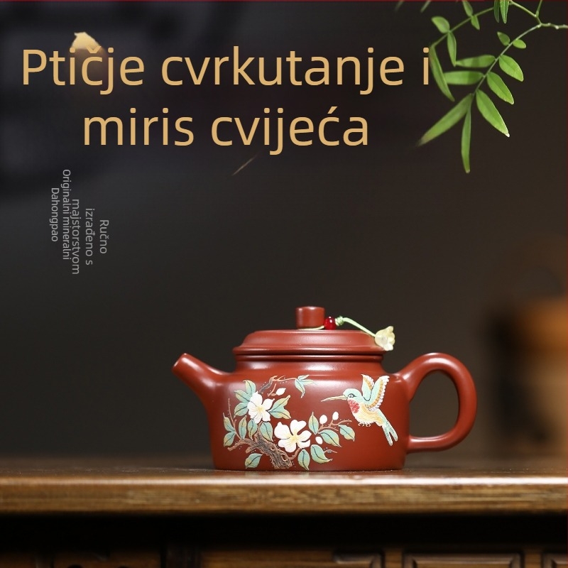 Yixing ljubičasta pijesak čajnik, nadahnut Da Hong Pao, ručno izrađen, s motivima ptica i cvijeća, De Zhong Gongfu čajni set