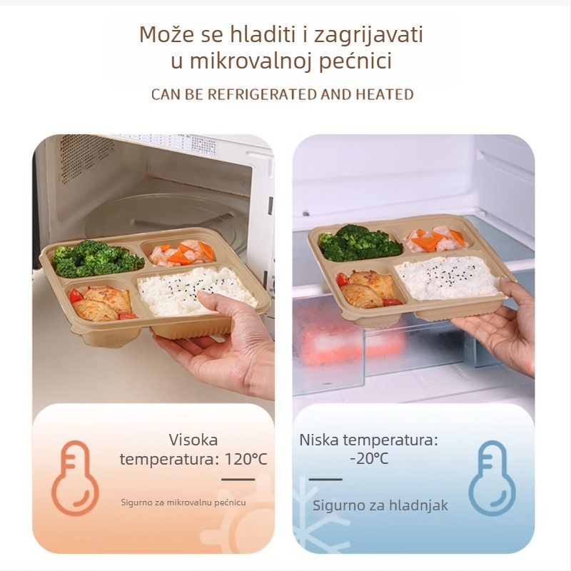 1000 ml jednokratna kutija za obrok od vlakana bambusa, biološki razgradiva, kompatibilna s mikrovalnom pećnicom, s četiri odjeljka