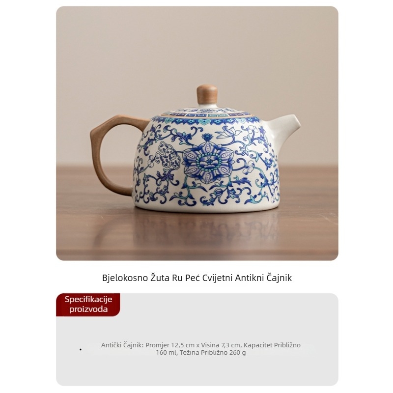 Čajnik u Ru kiln antičkom stilu, za kućnu i uredsku upotrebu, plavo-bijeli motiv spletenog lotosa, crackle glazura, Ru porculanski čajni set