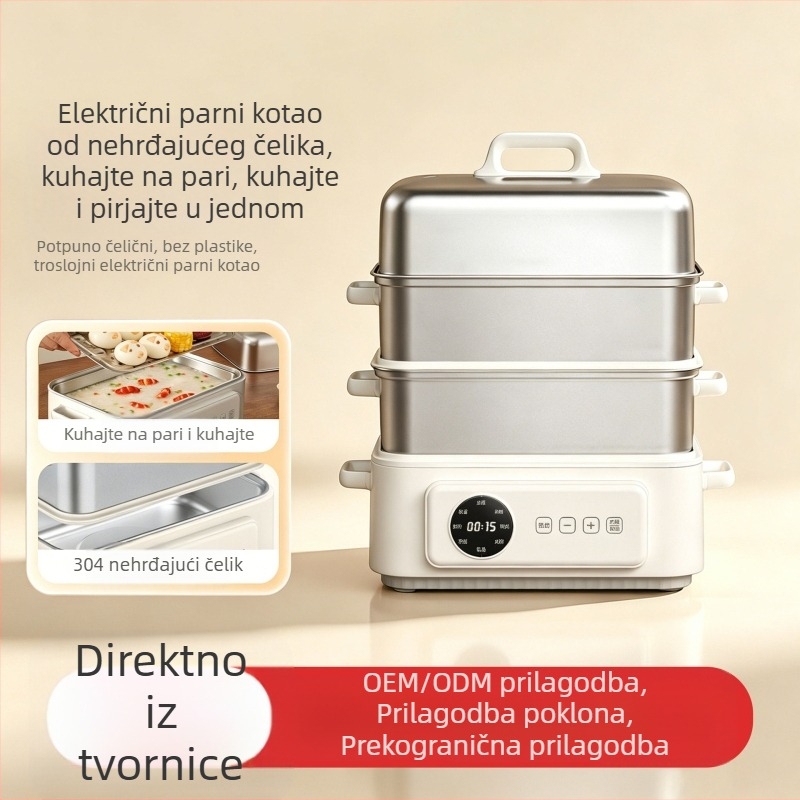 Električni parni kuhalo od nehrđajućeg čelika, trovršni dizajn, velika kapaciteta preko 10 L, višenamjenski lonac za kuvanje na pari, kuhanje, dinstanje, gulaš, hot pot i prženje, unutarnja posuda od 304 nehrđajućeg čelika, dodirna kontrola, 220V, 1500W
