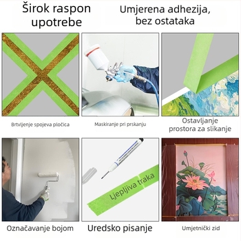 Zelena teksturirana traka za maskiranje, bez ostatka ljepila, pogodna za umjetnost i slikanje, za pisanje i označavanje, širina 10–50 mm, duljina 10/20 m.
