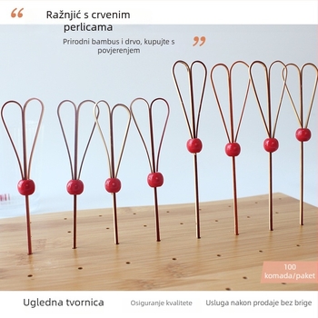 Bambus štapići za koktele s crvenim perlama, jednokratni, štapići za voće, 100 komada, za kafiće i restorane