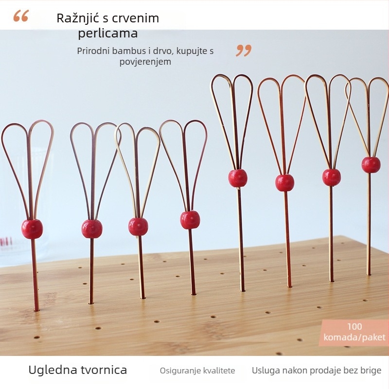 Bambus štapići za koktele s crvenim perlama, jednokratni, štapići za voće, 100 komada, za kafiće i restorane