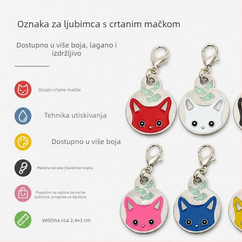 Etiketa za kućne ljubimce s QR kodom, crtić mačka i riba, višebojni emajl, oznaka za ogrlicu protiv gubitka