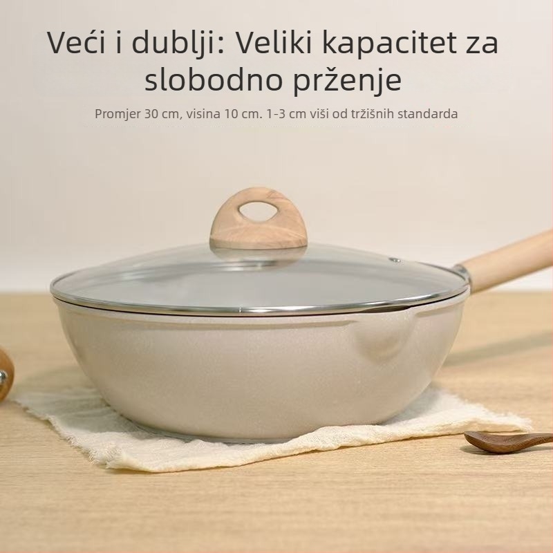 Wok od Maifan kamena s non-stick premazom, ravno dno, duboki wok za prženje, za steak, staklena poklopac, elegantan dizajn