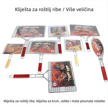 Veliki set klipseva za roštilj: klipse za ribu (jednostrani i dvostruki), klips za kruh, šest hamburger klipseva, mreža za roštilj