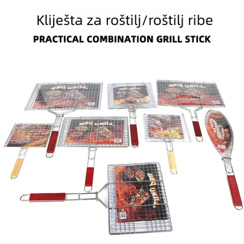 Veliki set klipseva za roštilj: klipse za ribu (jednostrani i dvostruki), klips za kruh, šest hamburger klipseva, mreža za roštilj