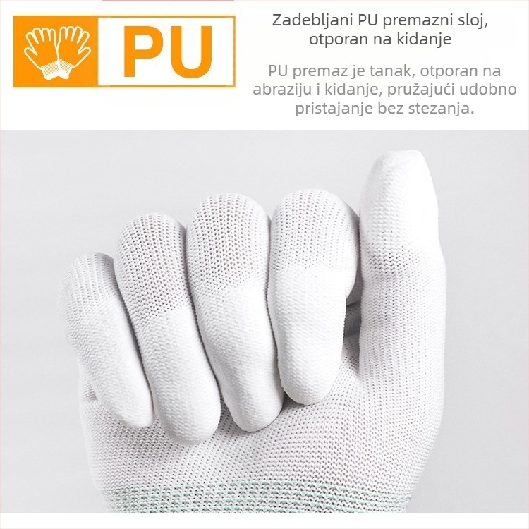 Rukavice za posao s PU premazom na dlanovima i prstima, prozračne, tanke, antistatične, bez prašine, protivklizne, otporne na habanje, bijele