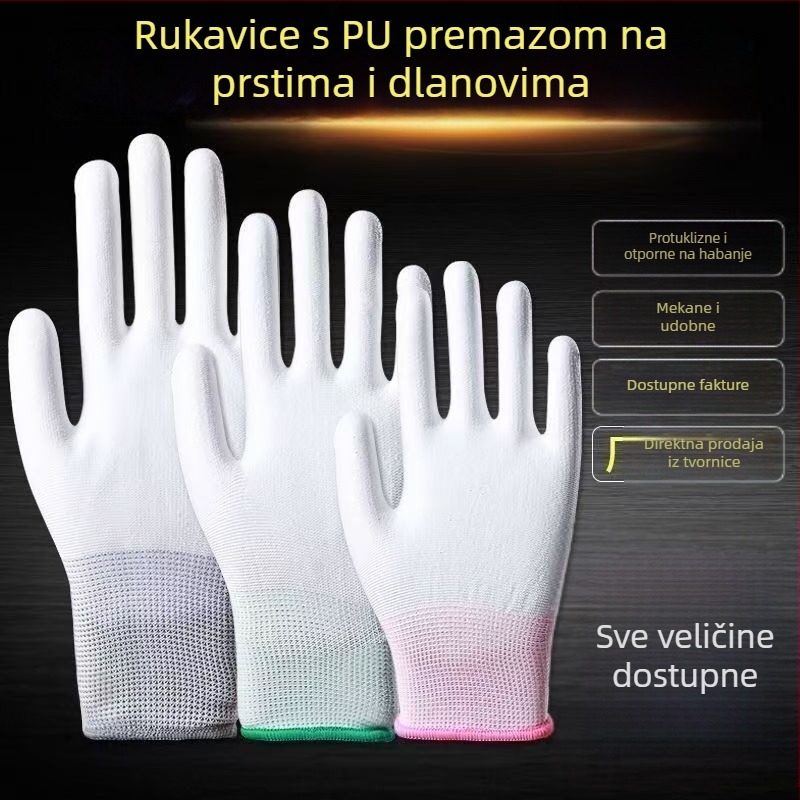 Rukavice za posao s PU premazom na dlanovima i prstima, prozračne, tanke, antistatične, bez prašine, protivklizne, otporne na habanje, bijele