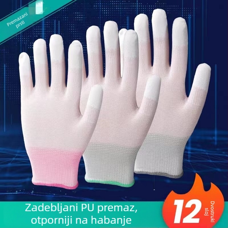 Rukavice za posao s PU premazom na dlanovima i prstima, prozračne, tanke, antistatične, bez prašine, protivklizne, otporne na habanje, bijele