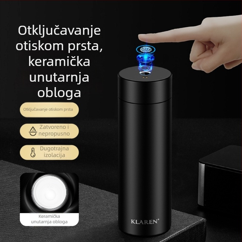 Pametna termos-šalica s biometrijskim otiskom prsta i zatvorenim poklopcem, keramičkim unutarnjim dijelom, izolirana za automobil