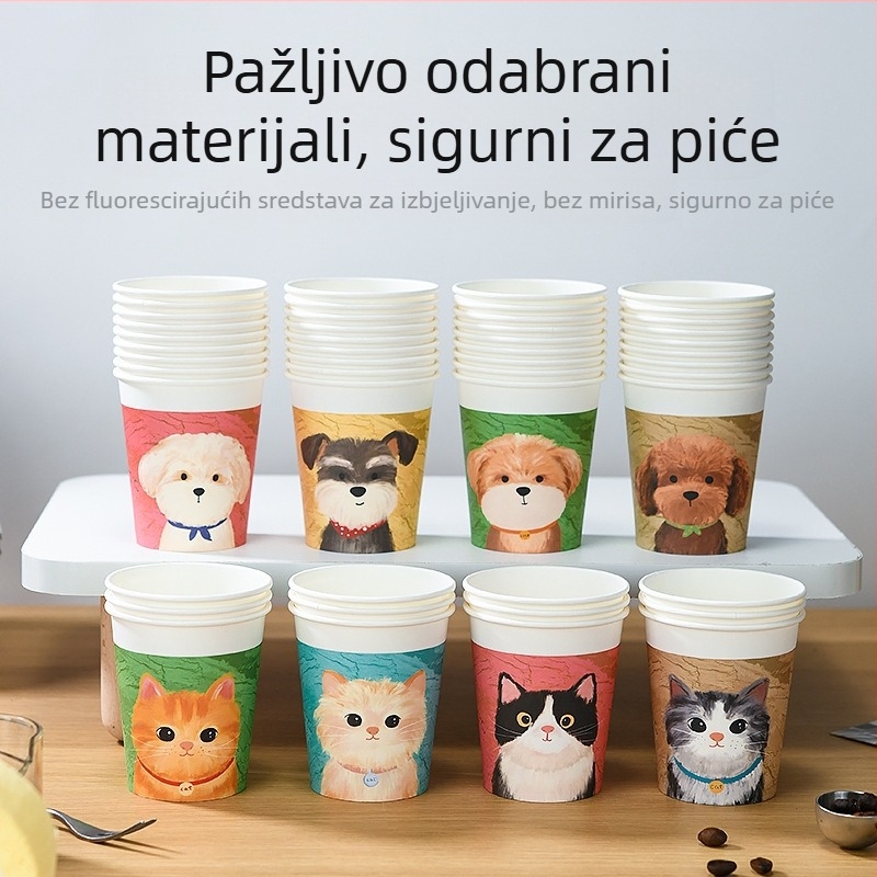 Jednokratne papirnate čaše za piće s motivom slatkog štenca u stilu uljne slike, 250 ml, debeli, kućna upotreba, pakiranje od 50 komada