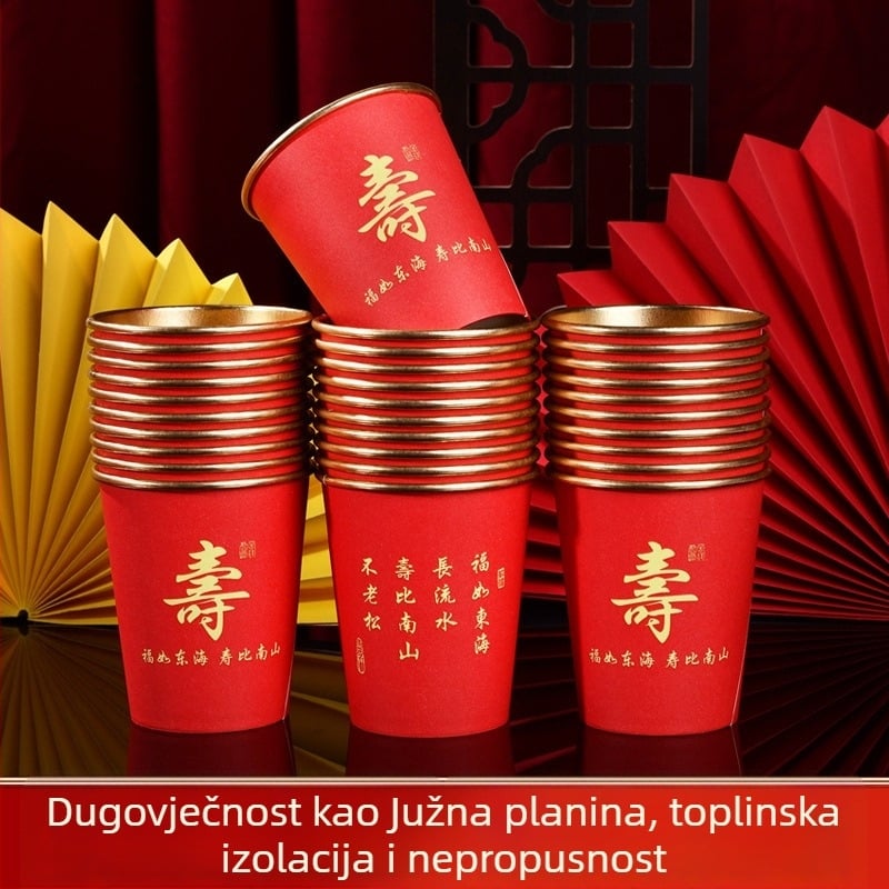 Čaša od papira s folijom zlatom, 250 ml, debela i čvrsta, crvena svečana čaša za proslave starijih osoba kod kuće, na veliko dostupna