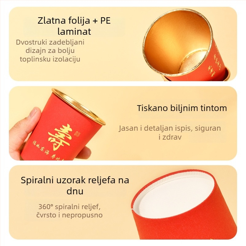 Čaša od papira s folijom zlatom, 250 ml, debela i čvrsta, crvena svečana čaša za proslave starijih osoba kod kuće, na veliko dostupna