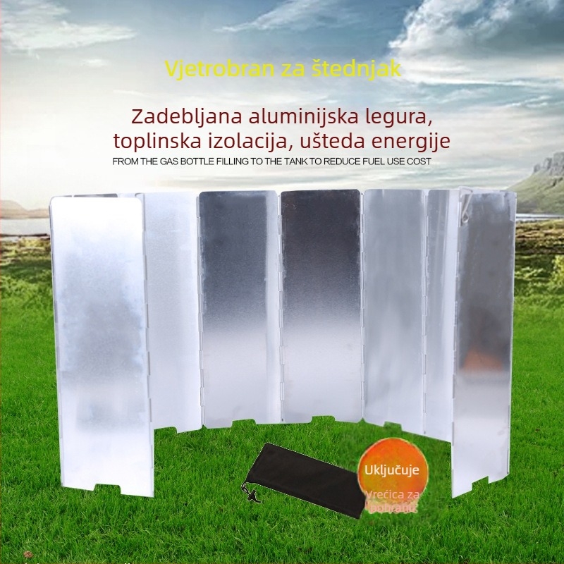 Kampiranje na otvorenom: 10-dijelni štit protiv vjetra od aluminijske legure, sklopiva prijenosna zaštita za kuhalo i aluminijska ploča za roštilj