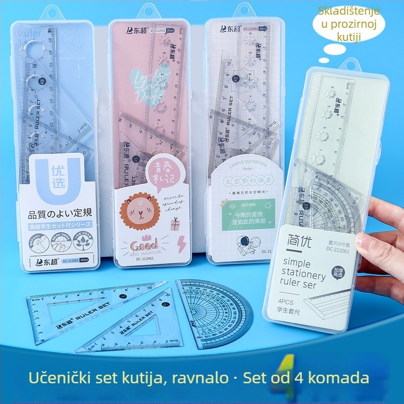 Studentski višenamjenski set ravnala u prozirnoj kutiji, četiri komada: trokutasto ravnalo, pravokutno ravnalo i kutomjer