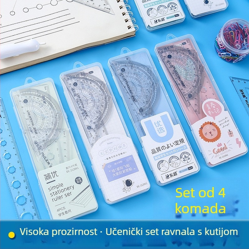 Studentski višenamjenski set ravnala u prozirnoj kutiji, četiri komada: trokutasto ravnalo, pravokutno ravnalo i kutomjer
