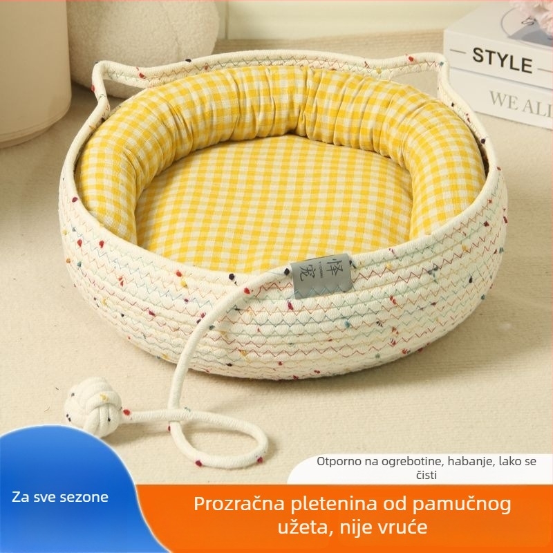 Mačje gnijezdo za sve sezone, pleteno od pamuk konopca, s ugrađenom kugličnom igračkom