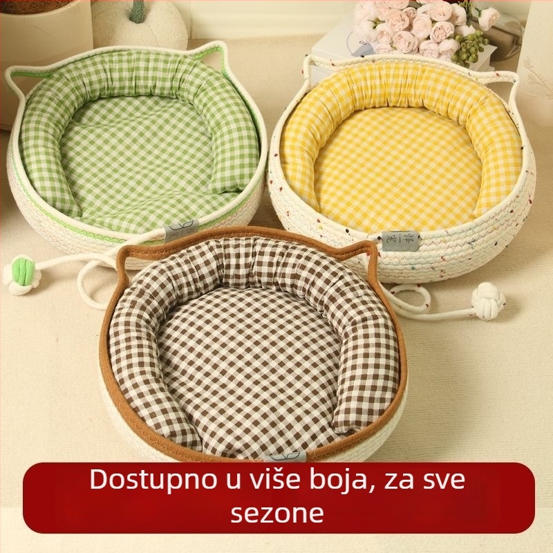 Mačje gnijezdo za sve sezone, pleteno od pamuk konopca, s ugrađenom kugličnom igračkom