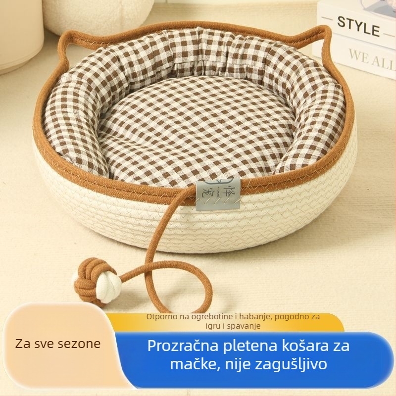 Mačje gnijezdo za sve sezone, pleteno od pamuk konopca, s ugrađenom kugličnom igračkom