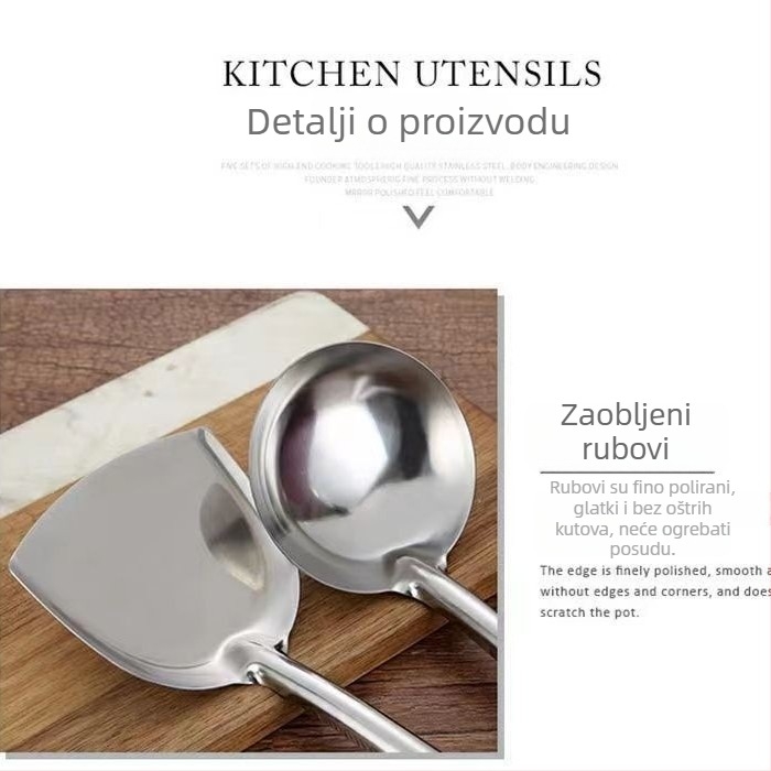 Set kuhinjskih alata od nehrđajućeg čelika: wok lopata, kuhinjska žlica, žlica za rižu, jušna žlica i kuhinjska žlica