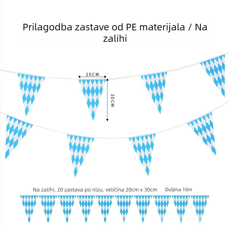 PE trokutasta zastava za Oktoberfest, plavo-bijela bavarska zastava, dvostrano tiskano