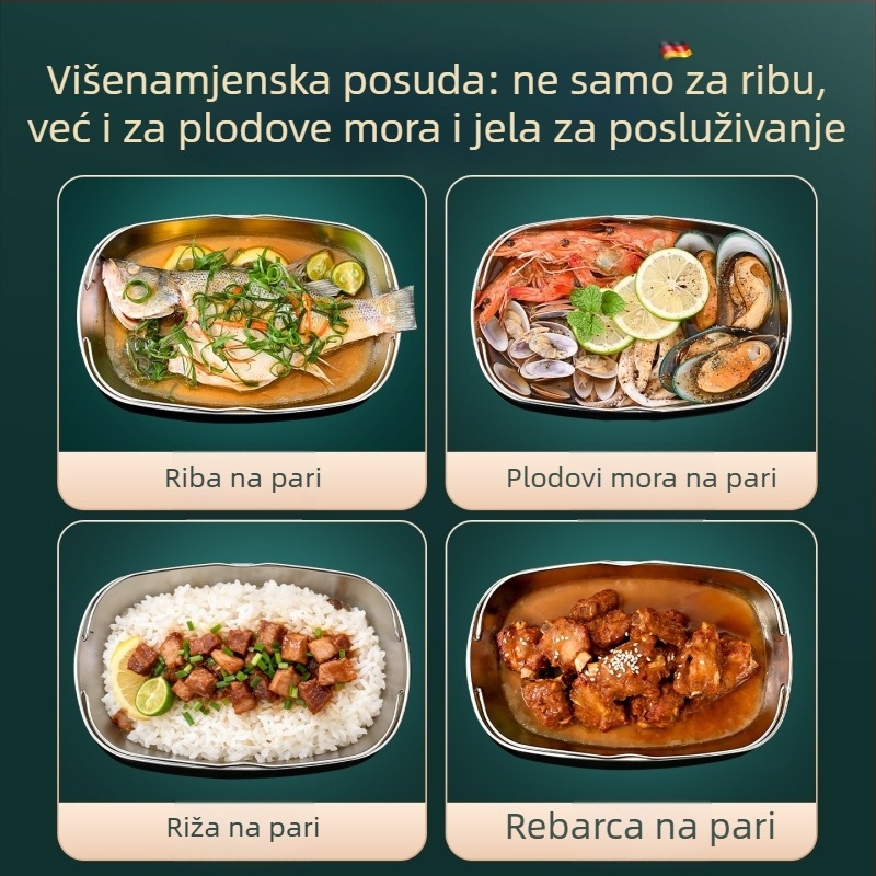 304 nehrđajući čelik, ovalni tanjur za ribu s drškom, debeli za kućnu upotrebu, na paru ribe, otporan na hrđu, oblik ribe, mat površina, promjer 24–24,9 cm