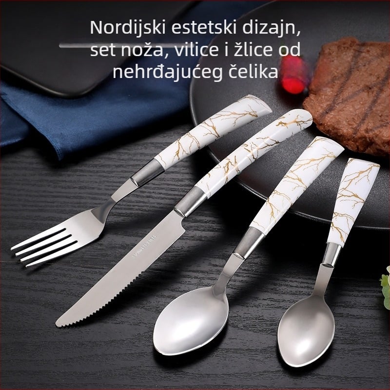Set pribora od nehrđajućeg čelika, zapadnog stila: nož, vilica i žlica; steak nož; za kućnu uporabu, s marmornim uzorkom