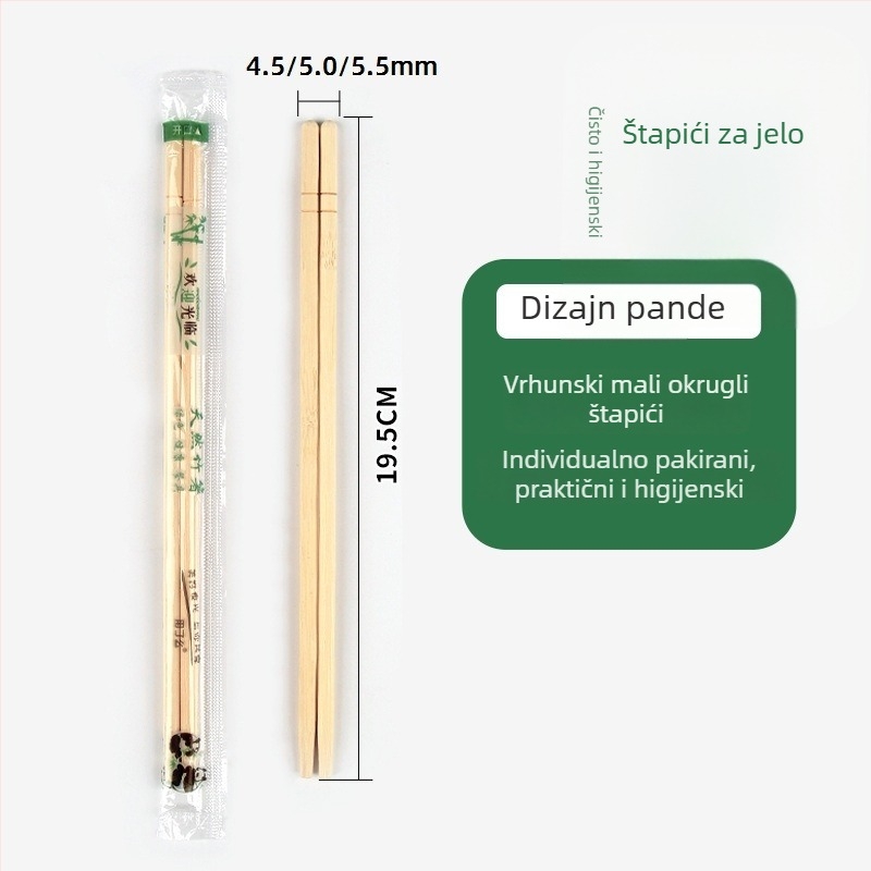 Jednokratne bambus štapiće za jelo, pojedinačno pakirani za dostavu, male zaobljene vrhove, higijenski i praktični, panda dizajn, OPP5.0/5.5