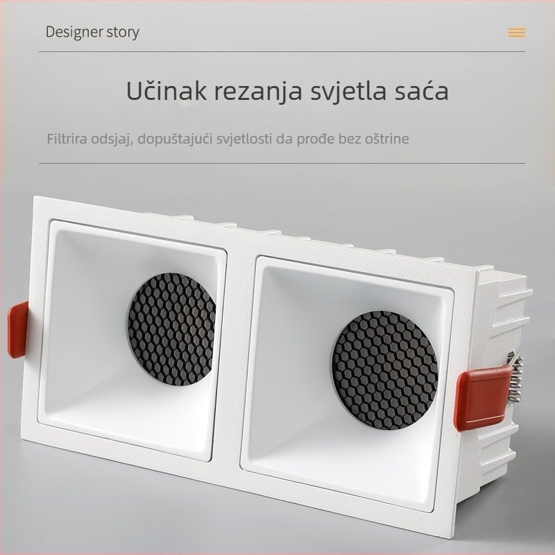 Kvadratni ugrađeni LED downlight s dvije glave, duboko anti‑blještav dizajn, dvostruki spot i mreža s heksagonalnim rešetkama