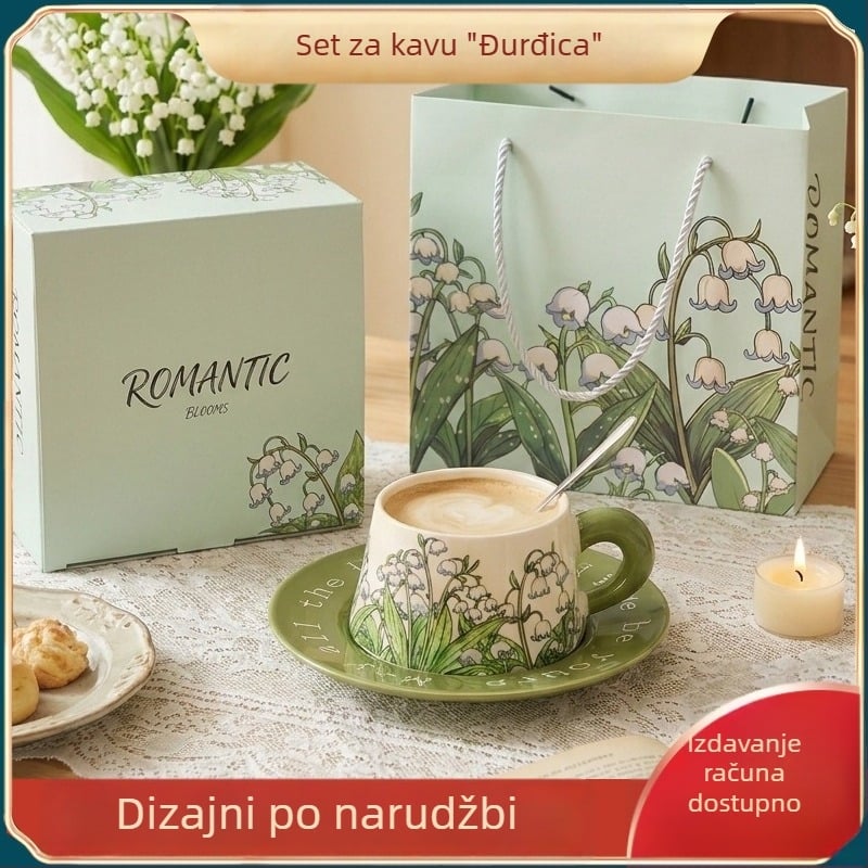 Nordijski stil – set šalica za kavu i podloške, keramika premium, cvjetni motiv, kutija za poklon