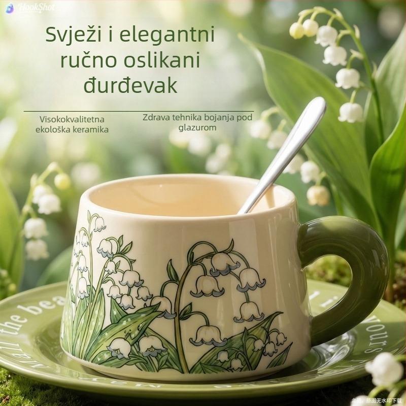 Nordijski stil – set šalica za kavu i podloške, keramika premium, cvjetni motiv, kutija za poklon