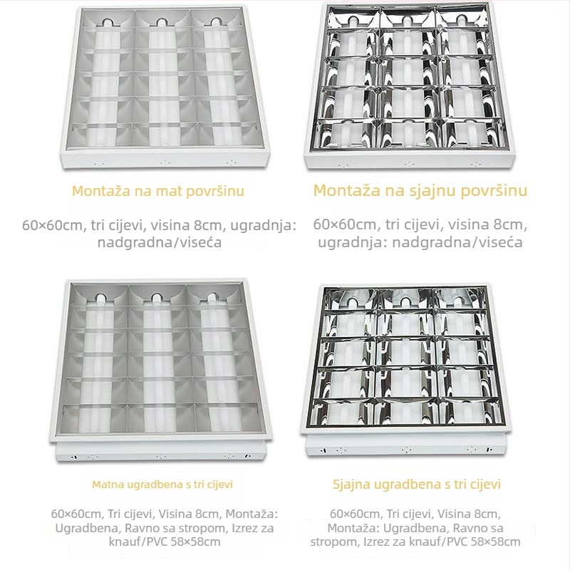 LED rešetkasti panel svjetlo 600×600, držač svjetla, ugrađeni uredski rasvjetni element, T5/T8 cijev