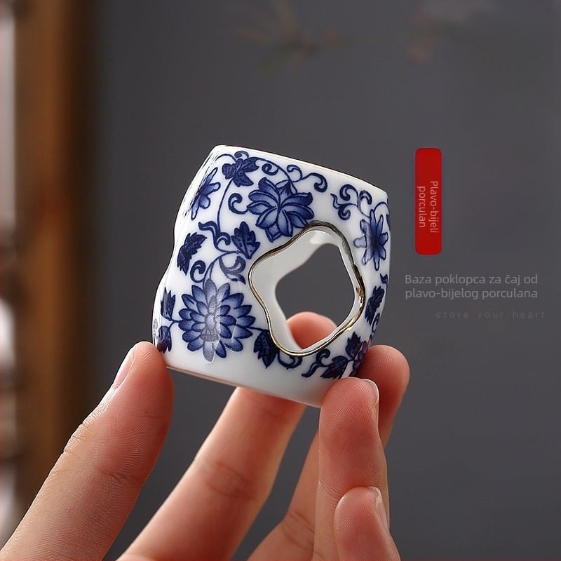 Keramički poklopac za čajnik i držač poklopca, bijeli porculan s plavom i zlatnom dekoracijom, pribor za ceremoniju čaja