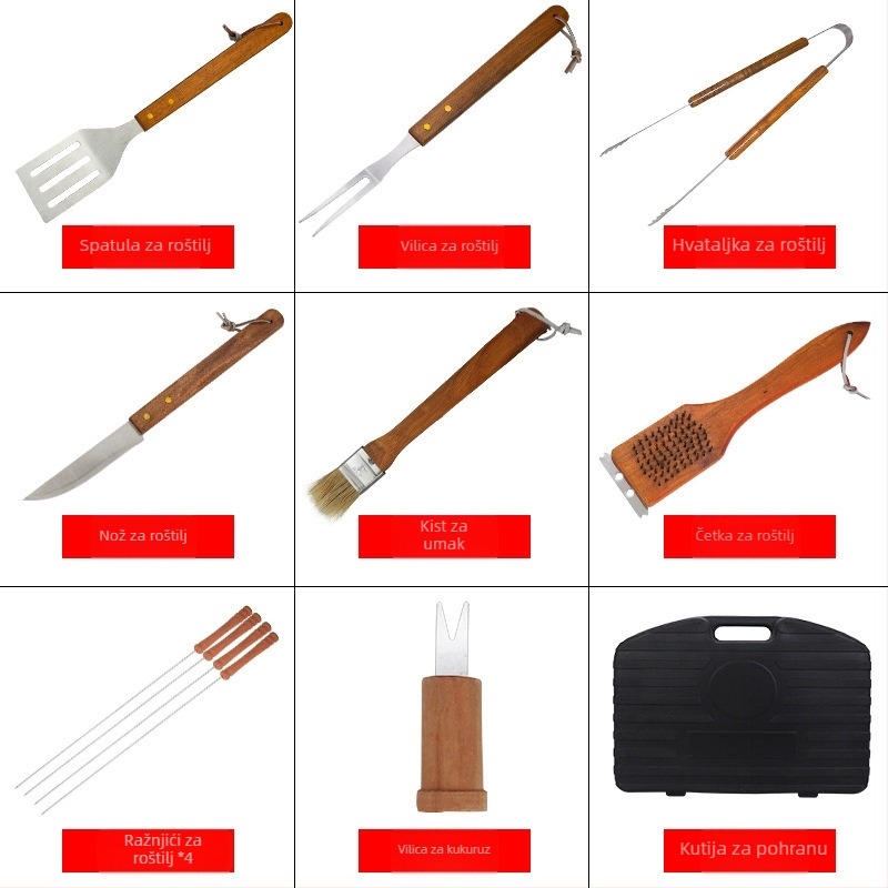18-dijelni set alata za vanjsku upotrebu, s drvenom ručkom, u prijenosnoj plastičnoj kutiji za roštilj