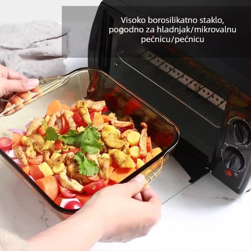 Stakleni poslužavnik otporan na visoke temperature s dvostrukim držačima, za morsku hranu i biftek
