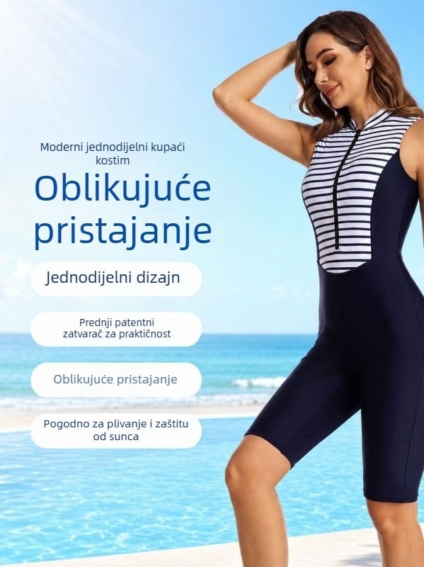 Ženski jednodijelni kupaći kostim s prugama i zatvaračem, bez rukava, UV zaštita, za surfanje i ronjenje, laskajući siluetu