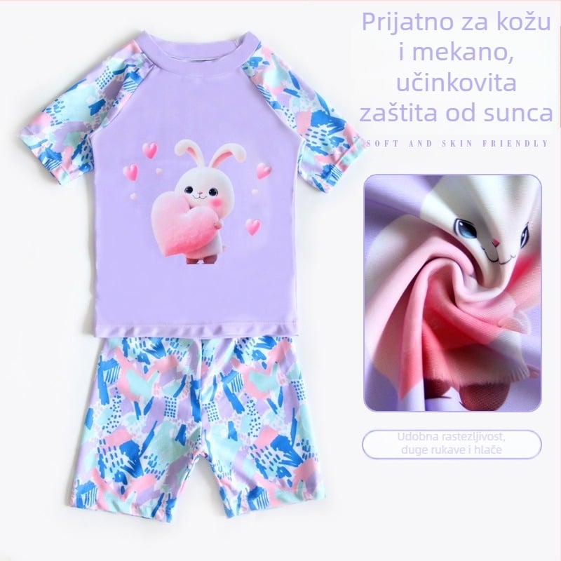 Dječji dvodijelni kupaći kostim s motivom zečića, za dječake i djevojčice, uzrast 5–12 godina, crtani uzorak, poliester