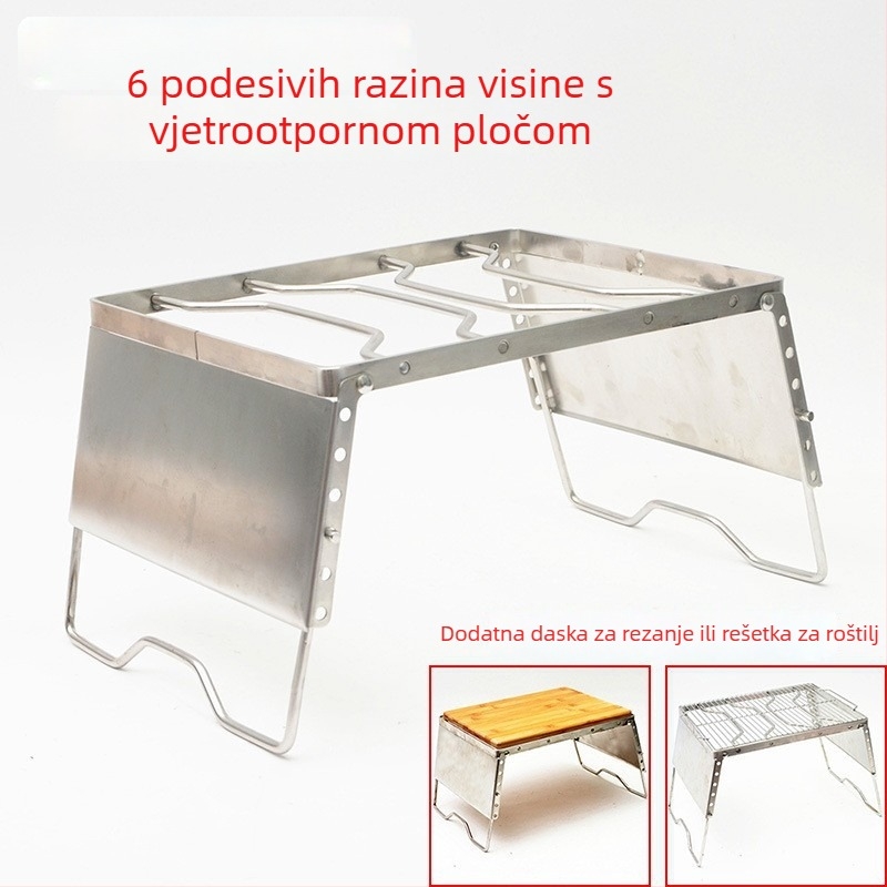 Vanjska sklopiva grill-stalaka od nehrđajućeg čelika s vjetrozaštitom – prijenosno postolje za lonce za kampiranje