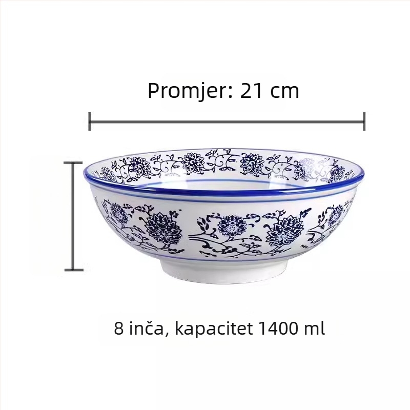 Plavo-bijela porcelanska zdjela za juhe, velika keramička zdjela za ramen i nudle, kineski retro stil