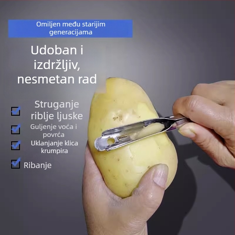 Nerđajući čelični nož za guljenje s uklanjanjem ribljih ljuskica, retro dizajn, tri u jedan — multifunkcijski alat za krumpire i voće