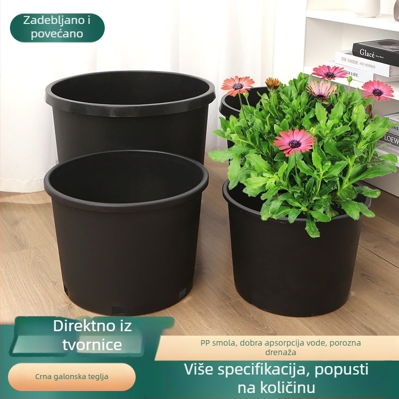 Crna tvrda plastična posuda za cvijeće s kružnim otvorom, veliki kapacitet za voćke, rustikalni debeli dizajn, različite veličine