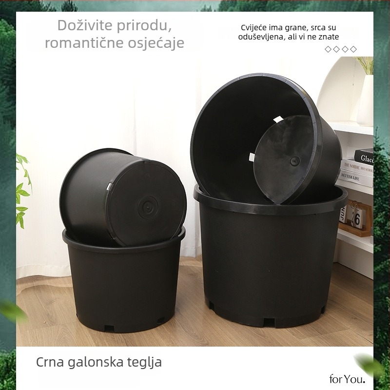 Crna tvrda plastična posuda za cvijeće s kružnim otvorom, veliki kapacitet za voćke, rustikalni debeli dizajn, različite veličine