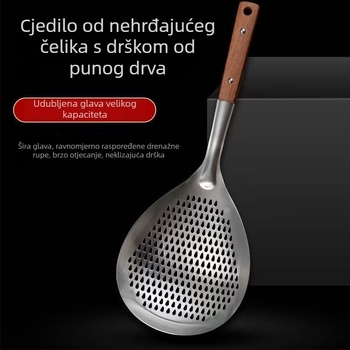 Nehrđajući čelik žlica s prorezima i drvenom drškom – za prženje, knedle i hot pot, kuhinjsko cjedilo
