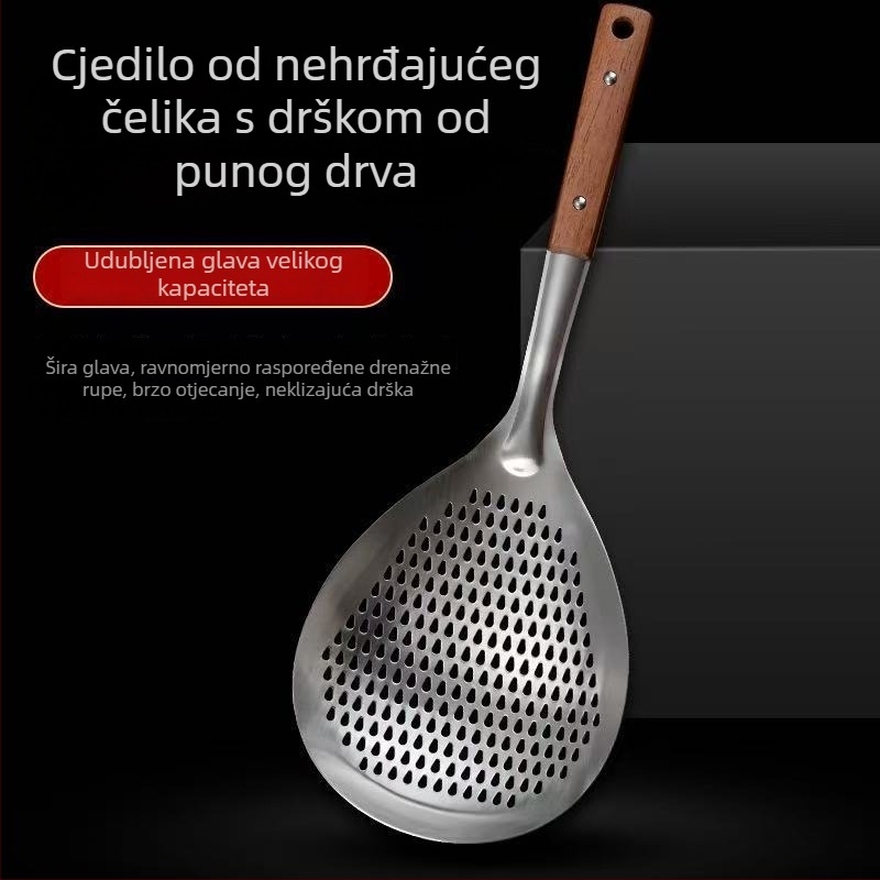 Nehrđajući čelik žlica s prorezima i drvenom drškom – za prženje, knedle i hot pot, kuhinjsko cjedilo