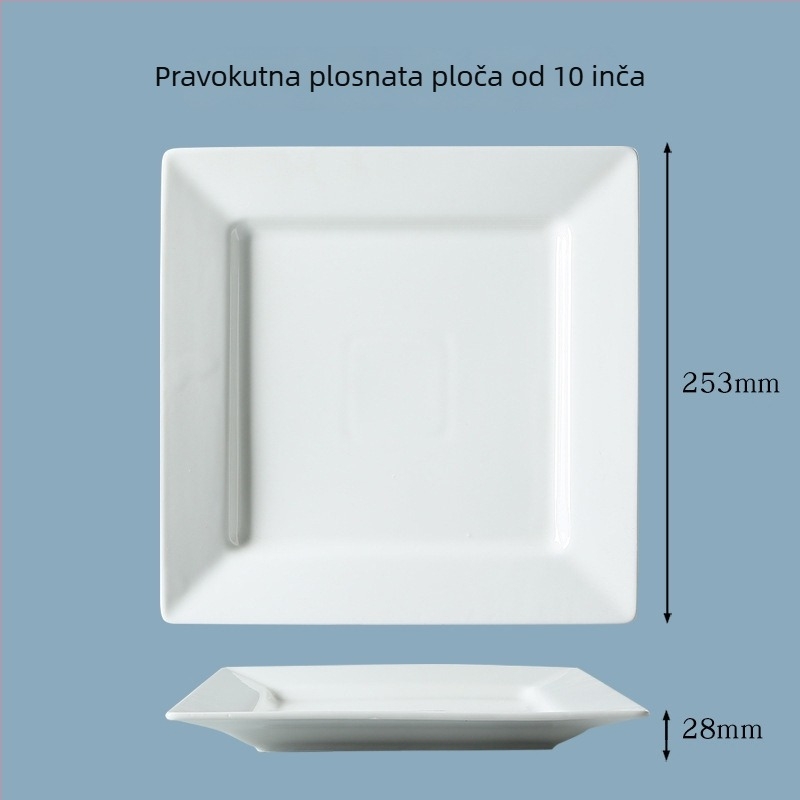 Kvadratni porculanski tanjur, bijeli, 18 cm, mikrotalasno siguran, glazirana površina, moderan minimalistički dizajn, za steak, sushi, deserte i hladna jela, kućna upotreba