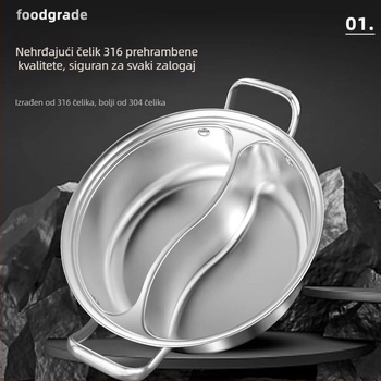 Lonac za hot pot od 316L nehrđajućeg čelika s dva odjeljka, jedinstvenog dizajna, pogodan za indukciju i plinsko kuhanje.